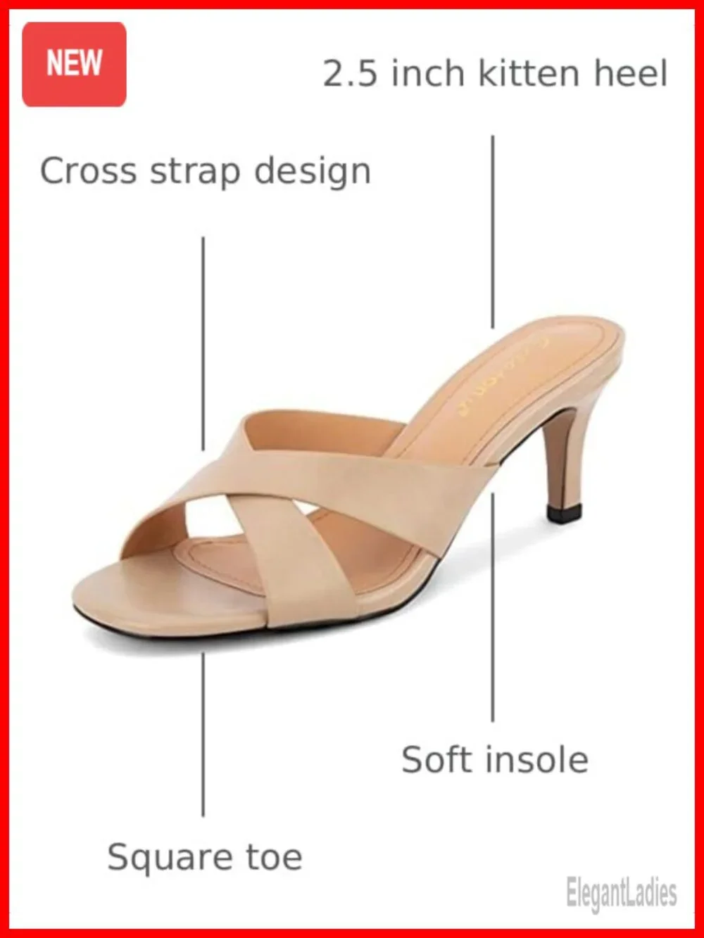 Kitten Heel Sandals Square Open Toe Cross Strap Slip On Mule Heels